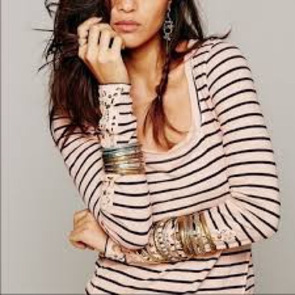 Free People Hard Candy Cuff Striped Lace Cuff Henley Shirt, size S